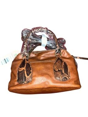 Time and Tru Brown Faux Leather Satchel with Snake-Print Accents